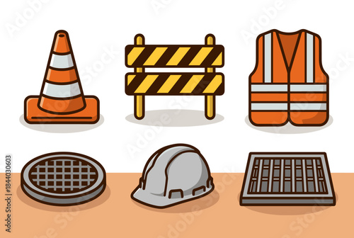 Construction safety icons for infrastructure projects and public works: Cone, barrier, vest, manhole, helmet, drain for engineering and building designs
