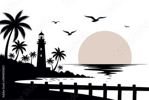 Serene coastal scene with palm trees, lighthouse, and sunset silhouette evokes peaceful tropical escape and summer relaxation, perfect for travel and design.