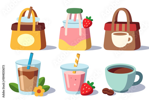Cute cartoon coffee and smoothies in bags and cups for your cafe menu or social media posts, perfect for a vibrant, fun, and trendy look today