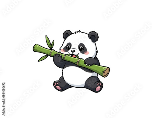 Cute baby panda happily eating a bamboo stalk with green leaves in a cartoon illustration