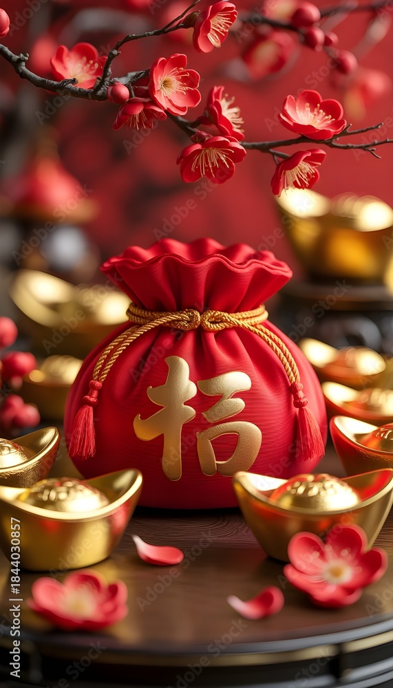 Fototapeta premium A richly lit fortune pouch surrounded by shimmering coins and golden bokeh lights. The image feels celebratory, luxurious, and full of optimism.