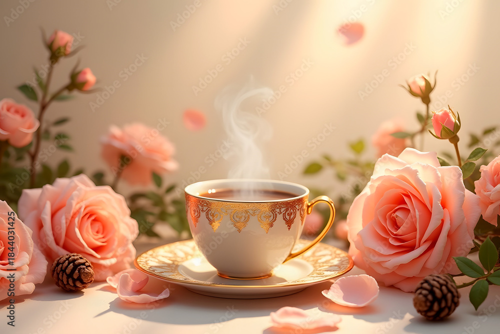 Fototapeta premium Elegant tea cup with steam surrounded by pink roses and pine cones, copy space