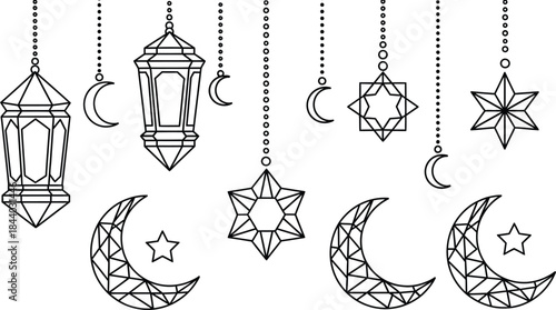 ramadan hanging lantern crescent moon islamic line icon set .