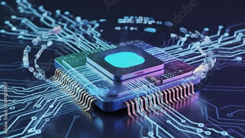 Futuristic Microchip Processor with Glowing Circuits and Data Flow.