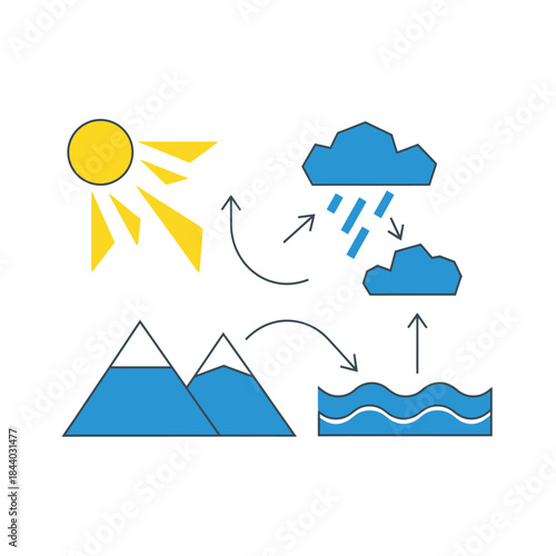 Sun, Clouds, Mountains, Water, Nature Concept in Graphic Format