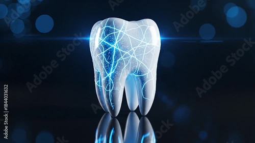 Digital glowing tooth displaying healthy dental structure and energy