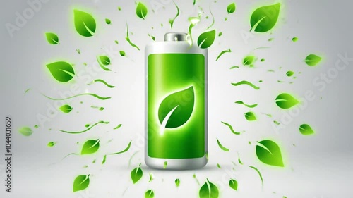 Green energy battery concept with leaves and glowing effect.