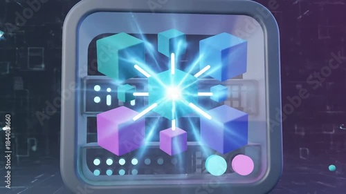 Abstract 3D Cubes Network Visualization with Glowing Particles.