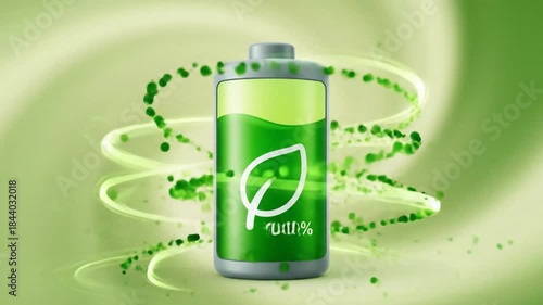 Green Energy Battery Charging with Leaf Symbol and Bubbles.