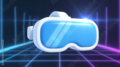 Futuristic VR headset floating in a neon grid cyberspace.
