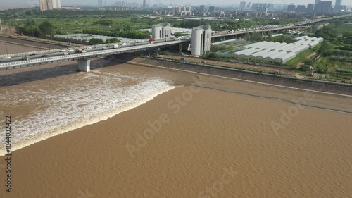 Aerial view of Tides on the Qiantang River in China. High quality 4k footage