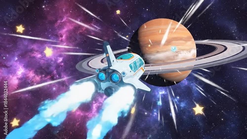 Cartoon Spaceship Flying Through Colorful Galaxy with Planets and Stars.