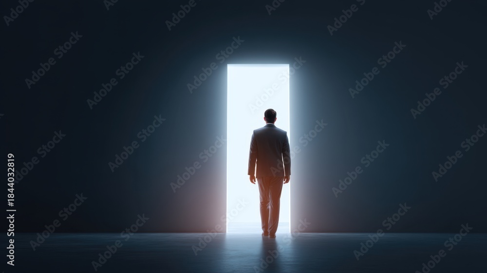 Obraz premium Man Walking Towards Bright Doorway in Dark Room Symbolizing Hope, Opportunity, Journey, and New Beginnings in a Contrast of Light and Shadow