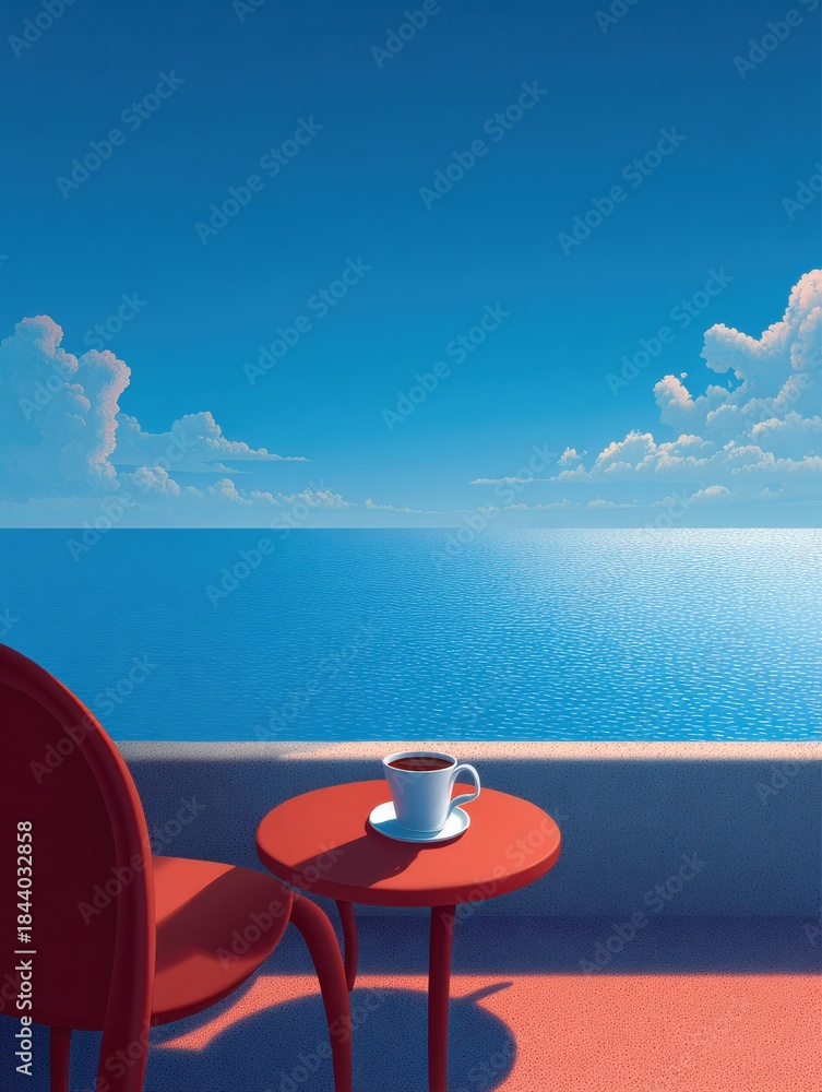 Fototapeta premium Morning Coffee on a Terrace With a Cup on a Small Table and an Empty Horizon of the Sea