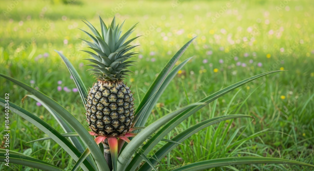 Obraz premium A single pineapple plant grows in a lush green field with tiny wildflowers