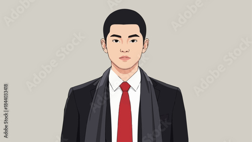 Professional Asian man in a suit and tie looking forward.
