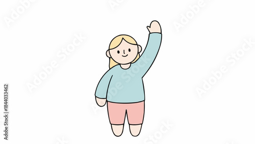 A cheerful blonde girl with her arm raised in greeting.