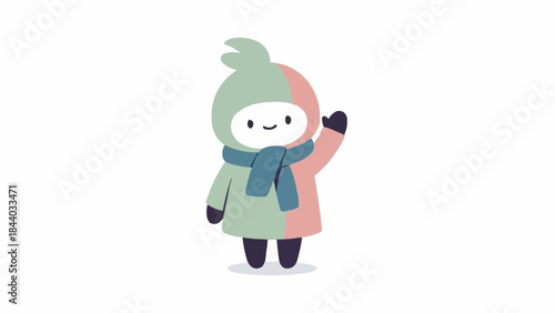 Cute cartoon character wearing winter clothes and scarf waving hello.