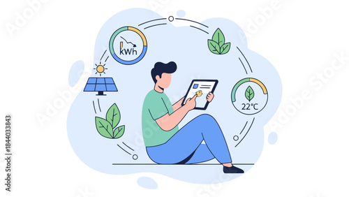 Illustration of a person using a tablet to manage smart home energy and environmental sustainability, surrounded by eco-friendly icons.