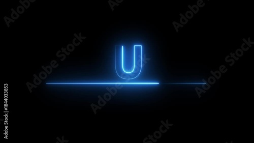 Glowing neon alphabet text animation. Neon alphabet letter U animation on black background.