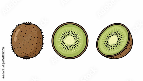Whole and sliced kiwi fruit illustration.