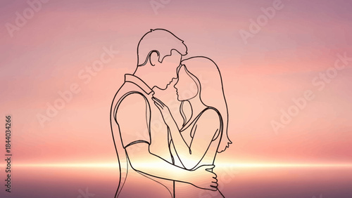 Outline drawing of a loving couple embracing each other tenderly.