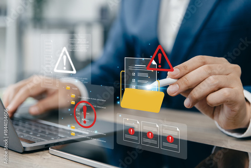 Businessman working with digital documents and red warning sign. Folder alert with error.