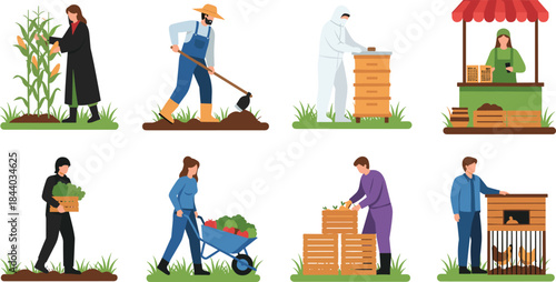 Modern farming and agriculture illustration showing diverse farmers harvesting crops, managing livestock, selling produce, and working with sustainable rural food production activities.