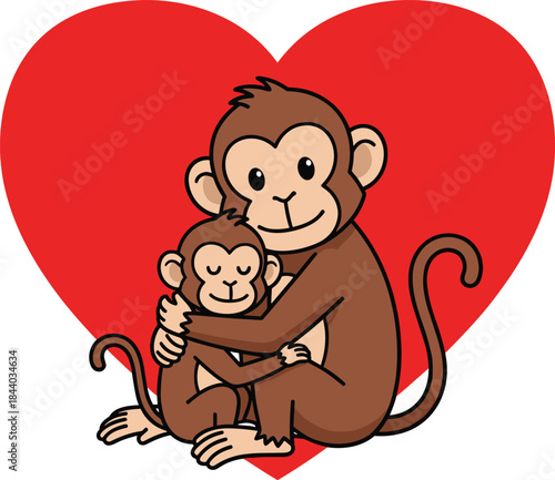 Monkey Mother and Baby Hugging Vector Cute Cartoon Primates on a Red Heart Background - Family Love, Parenting, and Motherhood Illustration Concept.