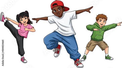Multicultural Children Dancing Hip Hop or Street Dance Vector, Diverse Kids Group Performing Dynamic Moves, Cartoon Illustration for Youth Activity.