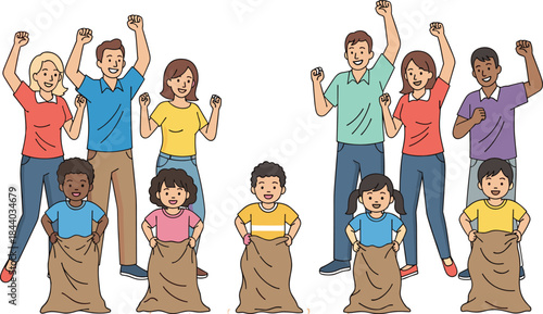 Multicultural Families Enjoying Sack Race Game Vector Illustration, Parents and Children Competing in Fun Outdoor Sports Activity for Events.