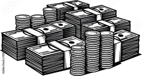 Pile of money banknote bundles and coin stacks sketch style vector illustration isolated on white background for financial design.