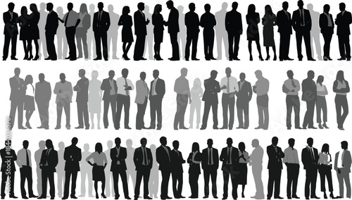Professional business people silhouettes standing together in diverse groups, representing corporate teamwork, leadership, communication, and modern office collaboration in a clean vector illustration