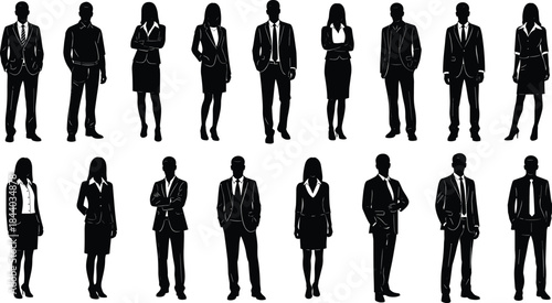 Professional business people silhouettes collection showcasing diverse corporate poses, formal attire, and office presentation concepts for modern workplace, branding, and design projects.