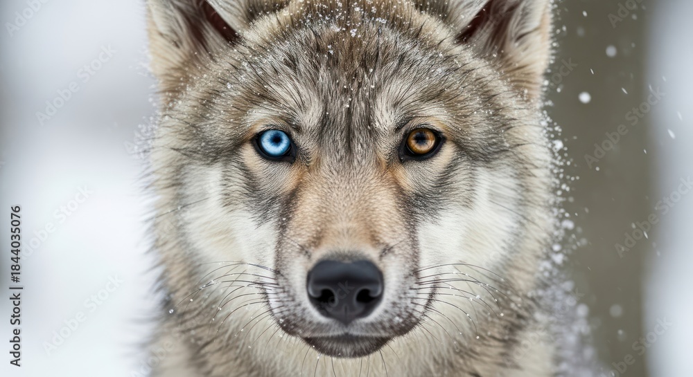 Fototapeta premium Majestic wolf with striking heterochromia in a serene winter landscape