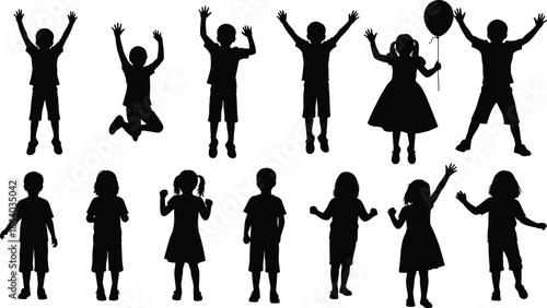 Set of black silhouettes of happy children and kids jumping, standing and playing isolated on white.