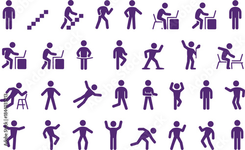 Grid of 30 purple stick figure icons showing diverse human postures and activities for ergonomic, fitness, and design use.
