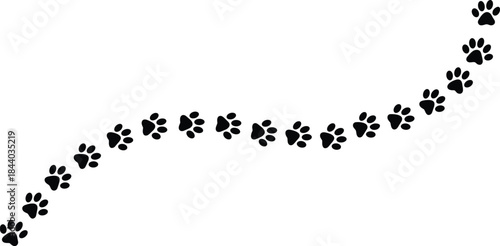 Black animal paw prints trail illustration showing pet footsteps path movement direction and tracking concept isolated on white background design