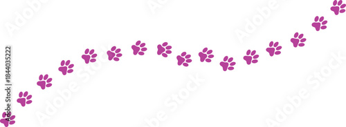 Curved trail of purple paw prints on white background symbolizing animal movement, tracking, and playful design elements.