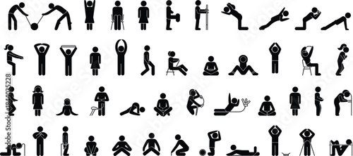 Grid of 45 black silhouette icons showing physical therapy, rehabilitation, and exercise movements for health, fitness, and mobility design use.