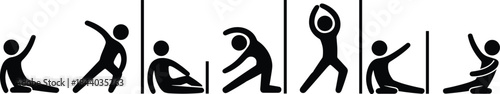 Stretching exercise pictogram icons set showing warm up flexibility training and body movement poses in simple black silhouette fitness illustration style