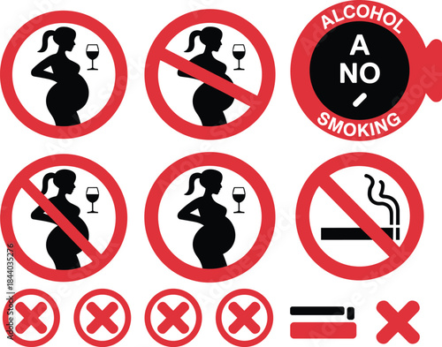 No alcohol no smoking pregnancy warning icons set showing prohibited signs for pregnant women health safety and maternity care awareness illustration