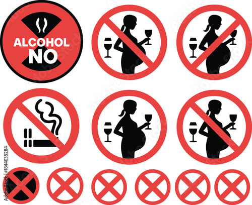 Warning symbols highlighting health risks of alcohol and smoking during pregnancy for educational, medical, and public awareness use.