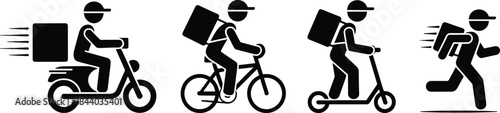 Silhouette icons of urban delivery methods including motor scooter, bicycle, electric scooter, and foot courier with backpacks in motion.