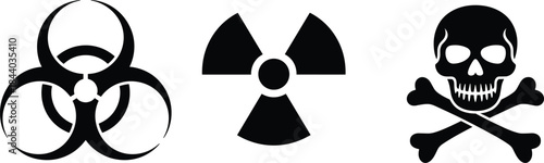 Black hazard symbols for biohazard, radiation, and toxic substances, used in safety signage and dangerous material labeling.