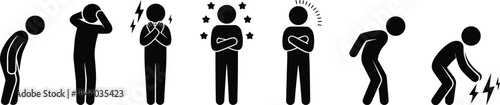Silhouette icons showing various physical pain symptoms, including headache, chest pain, backache, knee injury, and emotional discomfort.