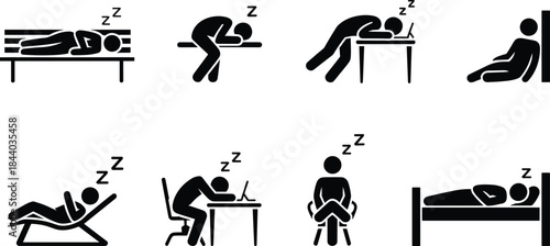Silhouette icons of people sleeping in various positions and places, representing exhaustion, rest, and diverse sleep habits across environments.