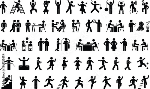 Black Silhouette Icons of People Engaged in Various Activities Including Dance, Work, Sports, Music, and Interaction for Design and Educational Use