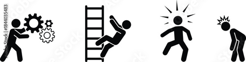 Workplace Accident Hazard Pictogram Icons Illustration Showing Machinery Injury, Ladder Fall, Electric Shock And Head Impact For Industrial Safety Awareness