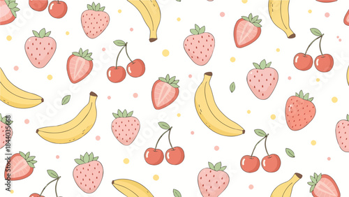 Summer Fruit Delight: A playful arrangement of ripe strawberries, succulent cherries, and sunny bananas create a vibrant fruit pattern that captures the essence of summer. 